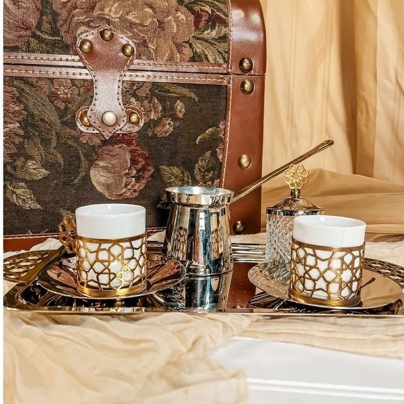 Silver and Gold Metal with Porcelain Serving Tea Set - Picture 4 of 4